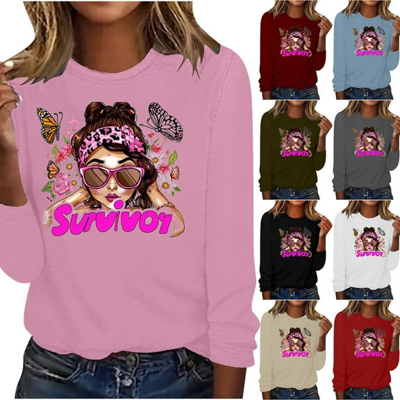 VKOYWKM Womens Breast Cancer Tee Shirts Breast Cancer Awareness T-Shirt Long Sleeve Pink Ribbon Graphic Tee Tops Fall Crew Neck Loose Fit Breast Cancer Pullover Sweashirt