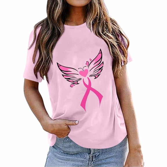 VKOYWKM Womens Breast Cancer Tshirts Breast Cancer Awareness T-Shirts Pink Ribbon T-Shirts Inspirational Breast Cancer Crew Neck Short Sleeve Tee Tops