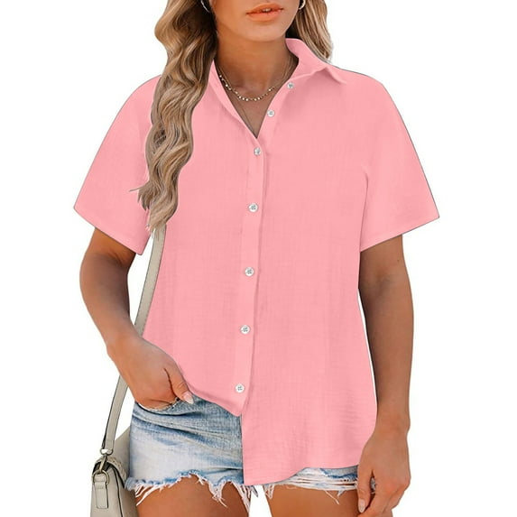 VKOYWKM Womens Button Down Shirts Plus Size Cotton Linen Tops V Neck Collared Short Sleeve Blouses Summer Solid Color Dressy Casual Work Tops Size XXL Pink