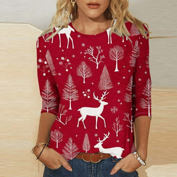 VKOYWKM Womens Christmas Print Tops 3/4 Length Sleeve Women Tops Cute Chrismas Graphic Tees Holiday Crew Neck Xmas T-Shirts Fall Tunic Top