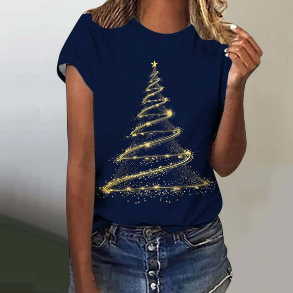 VKOYWKM Womens Christmas T-Shirts Merry Christmas Tree Print Tees Short Sleeve Loose Fit Xmas Tshirts Crew Neck Classic Xmas Party T Shirts