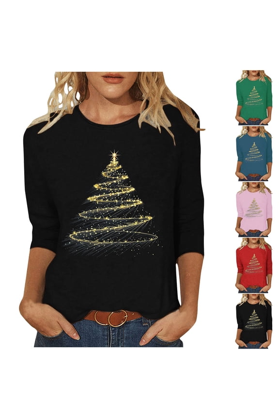 Womens Christmas T Shirts Xmas Tree Graphic Tees 3/4 Length Sleeve Women Tops Casual Crew Neck Holiday Tunic Blouses