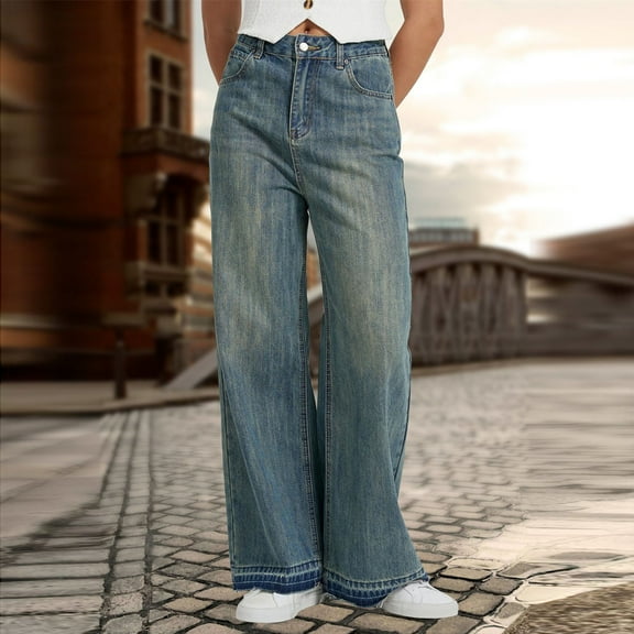 VKOYWKM Womens Distressed Wide Leg Jeans Button Mid Waisted Denim Pants Loose Casual Boyfriend Jeans Straight Leg Baggy Jeans with Pockets