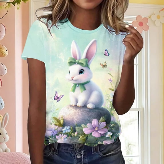 VKOYWKM Womens Easter Bunny T Shirts Rabbit Eggs Graphic Tee Tops Short Sleeve Loose Fit Crew Neck Pullover T-Shirts Easter Gifts