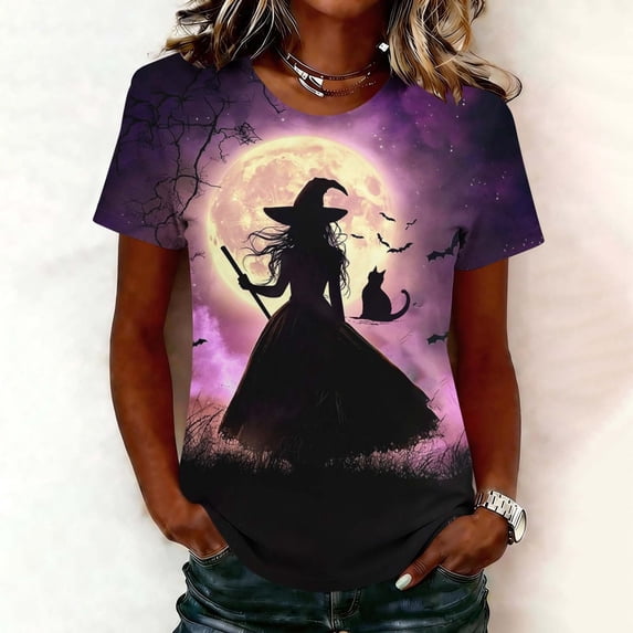 VKOYWKM Womens Fall Halloween Tees Short Sleeve Witch Graphic Tees Casual Round Neck Loose Fit Party T-Shirts Spooky Print Tshirts