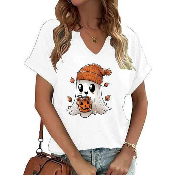 VKOYWKM Womens Fall Shirts Thanksgiving T Shirts Trendy Print Thankful Grateful Blessed T-Shirts Top Holiday V Neck Short Sleeve Tees Thanksgiving Gifts for Women