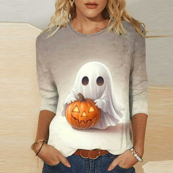 VKOYWKM Womens Fall Tops 3/4 Sleeve Halloween Shirts Cute Halloween Pumpkin Ghost Graphic T Shirts Casual Crew Neck Spooky Halloween Tunic Top