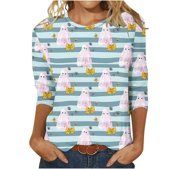 VKOYWKM Womens Fall Tops 3/4 Sleeve Halloween Shirts Spooky Pumpkin Ghost Graphic T Shirts Loose Fit Crew Neck Halloween Party Blouses