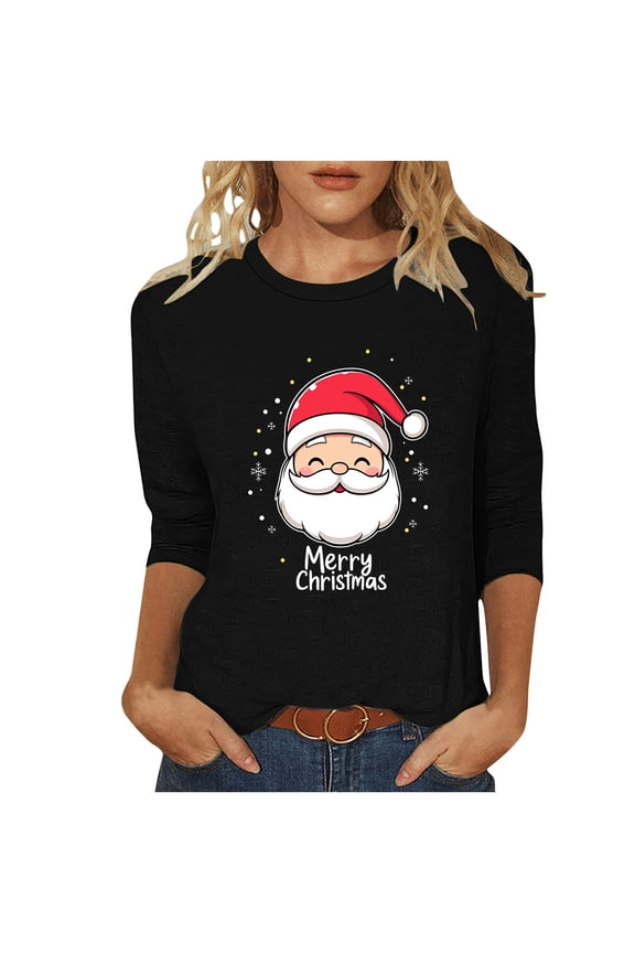 Womens Fall Tops Christmas 3/4 Sleeve T-Shirts Merry Christmas Graphic T Shirts Loose Fit Crewneck Funny Xmas Tree Tees Winter Holiday Family Party Matching Tops