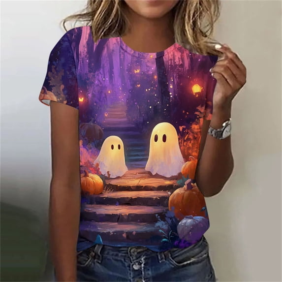VKOYWKM Womens Halloween Ghost T-Shirts Short Sleeve Fall Tops Ghost Print T Shirts Party Top Loose Fit Crew Neck Casual Holiday Tshirt