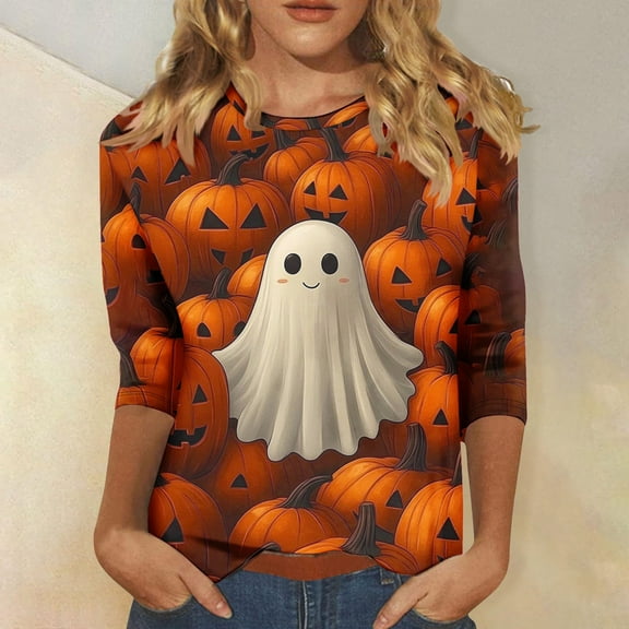 VKOYWKM Womens Halloween Ghost T Shirts Spooky Graphic T Shirts 3/4 Sleeve Loose Fit Crew Neck Halloween Party Blouses