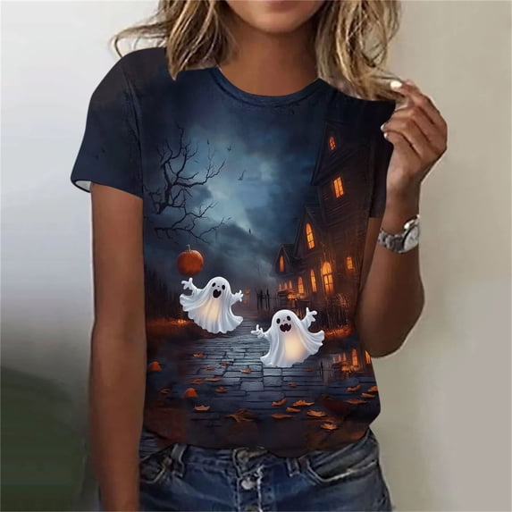 VKOYWKM Womens Halloween Print Tshirts Funny Ghost Graphic Tees Fall Crew Neck Loose Fit Halloween T-Shirts Short Sleeve Spooky Tops