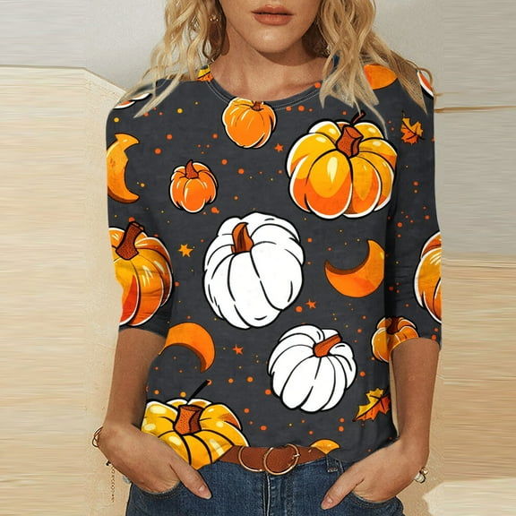 VKOYWKM Womens Halloween Pumpkin Shirts Spooky Graphic T Shirts 3/4 Sleeve Halloween Party Top Loose Fit Crew Neck Vintage T-Shirt Blouses