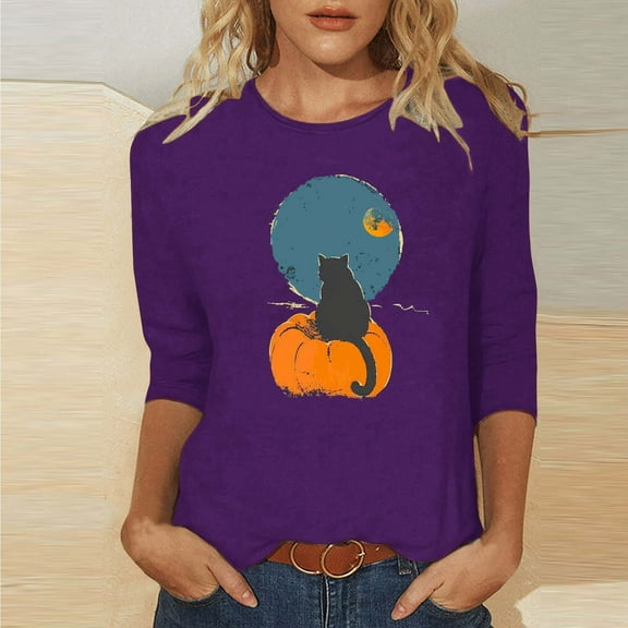 VKOYWKM Womens Halloween Shirts 3/4 Length Sleeve Women Tops Halloween Pumpkin Graphic T Shirts Holiday Crew Neck Three Quarter Length Sleeve Fall Blouses
