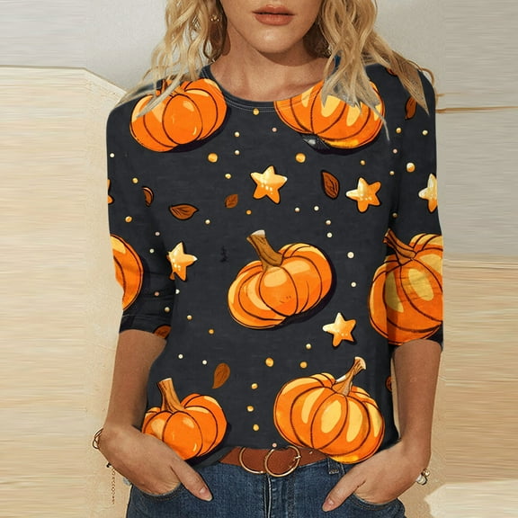 VKOYWKM Womens Halloween Shirts 3/4 Length Sleeve Womens Tops Casual Crew Neck Halloween Party Tops Spooky Pumpkin Graphic Tee