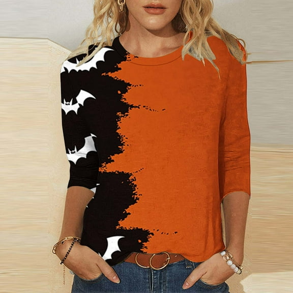 VKOYWKM Womens Halloween Shirts 3/4 Sleeve Tops Funny Graphic T Shirts Holiday Crew Neck Party Top Blouses
