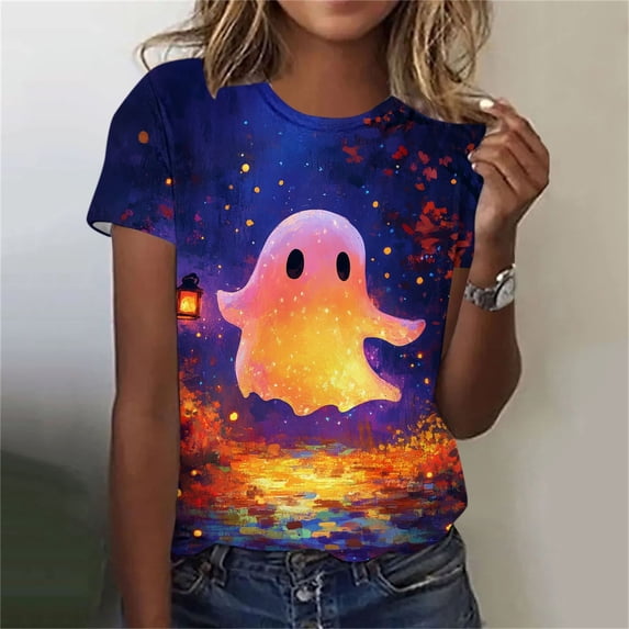 VKOYWKM Womens Halloween Short Sleeve T-Shirts Ghost Graphic Tees Casual Crew Neck Holiday Tshirts