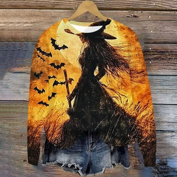 VKOYWKM Womens Halloween Sweatshirts Witch Graphic Sweatshirt Crewneck Long Sleeve Fall Pullover Party Tops Oversized Sweatshirts