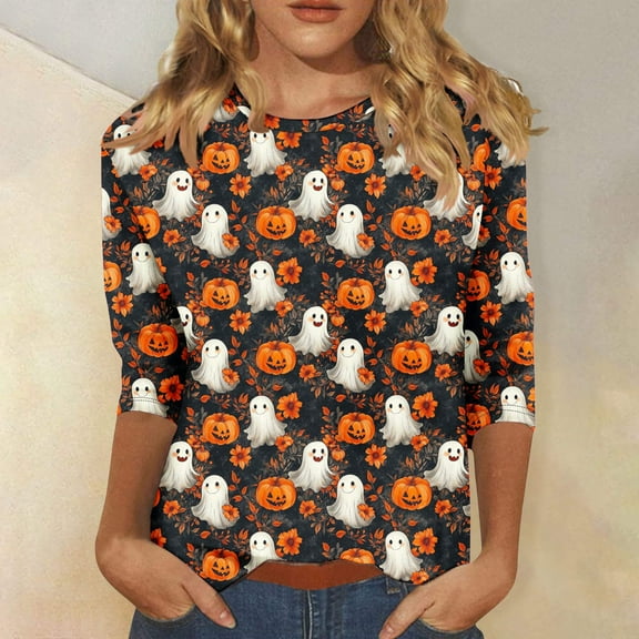 VKOYWKM Womens Halloween T-Shirts 3/4 Sleeve Halloween Spooky Graphic T Shirts Holiday Crew Neck Three Quarter Length Sleeve Fall Blouses