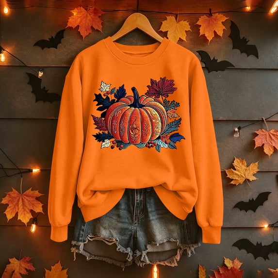 VKOYWKM Womens Halloween Thanksgiving Sweatshirt Pumpkin Graphic Sweatshirts Oversized Crew Neck Pullover Long Sleeve Fall Tops