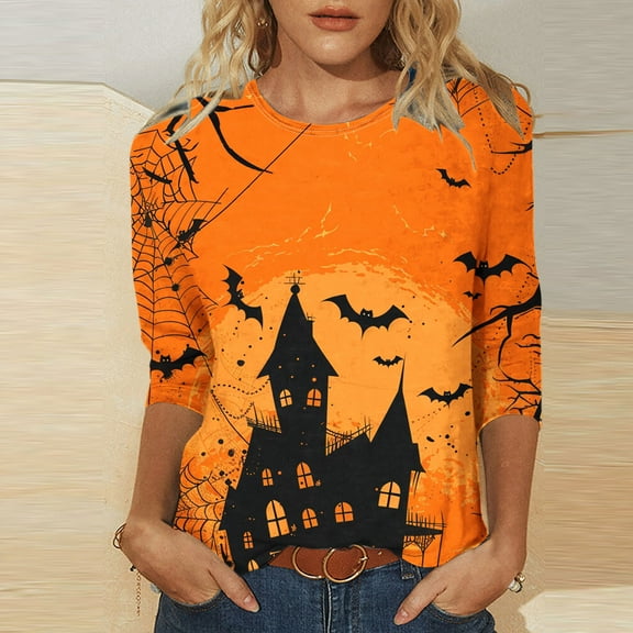 VKOYWKM Womens Halloween Tops 3/4 Sleeve Halloween Castle Bat Printed Tees Crew Neck Loose Fit Fall Tunic Tops Halloween Costumes Shirt