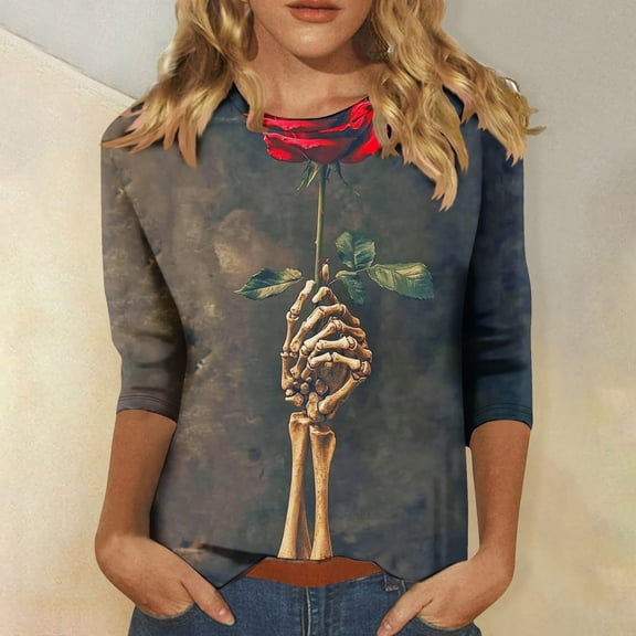 VKOYWKM Womens Halloween Tops 3/4 Sleeve Halloween Skeleton Graphic T Shirts Loose Fit Round Neck Vintage Top