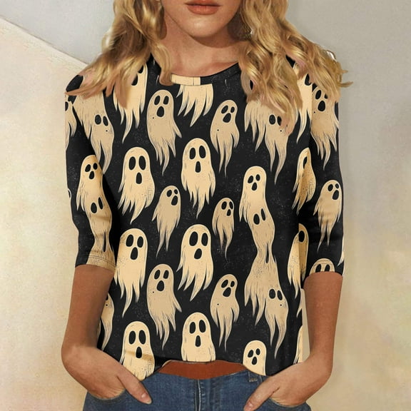VKOYWKM Womens Halloween Tops 3/4 Sleeve T-Shirt Funny Ghost Print Halloween Party Top Loose Fit Crew Neck Spooky Graphic Tees
