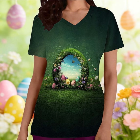 VKOYWKM Womens Happy Easter Scrub Tops Cute Bunny Rabbit Eggs Graphic Nurse Uniforms V-Neck Short Sleeve Working Uniform Easter Workwear Tops with Pockets