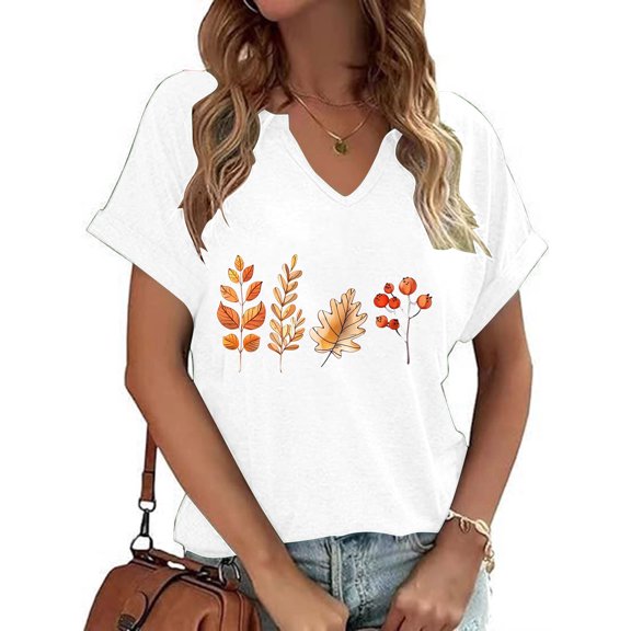 VKOYWKM Womens Happy Thanksgiving T Shirts V Neck Fall Tops Thanksgiving Pumpkin Graphic Tees Short Sleeve Thankful Blessed T-Shirts Holiday Top Halloween Shirts