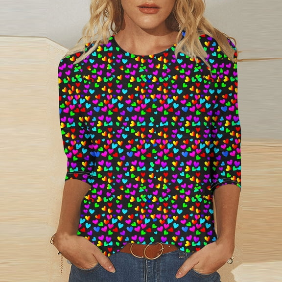 VKOYWKM Womens Heart Print T Shirts Valentine T-Shirts 3/4 Sleeve Casual Crew Neck Holiday Tops Classic Romantic Valentine Cute Clothes