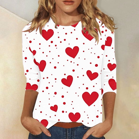 VKOYWKM Womens Heart Print T Shirts Valentine T-Shirts 3/4 Sleeve Casual Spring Tops Hoiday Crew Neck Loose Fit Valentine T-Shirts