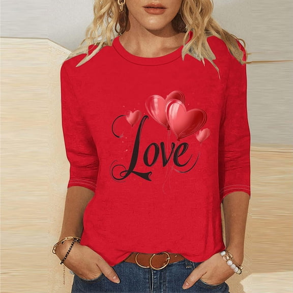VKOYWKM Womens Heart T-Shirts Valentine Shirts 3/4 Sleeve Cute Love Heart Print Romantic Valentne Shirt Crew Neck Holiday Party Blouses