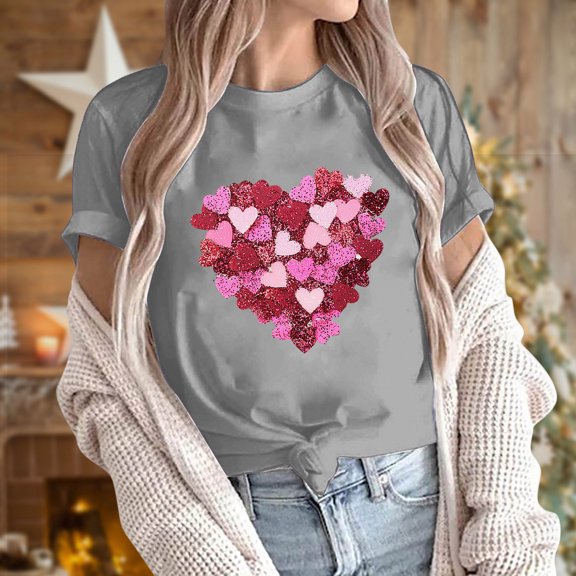 VKOYWKM Womens Heart T Shirts Valentine's Shirts Cute Love Heart Print T-Shirts Short Sleeve Casual Crew Neck Love Heart T-Shirts Happy Valentines Day Shirts