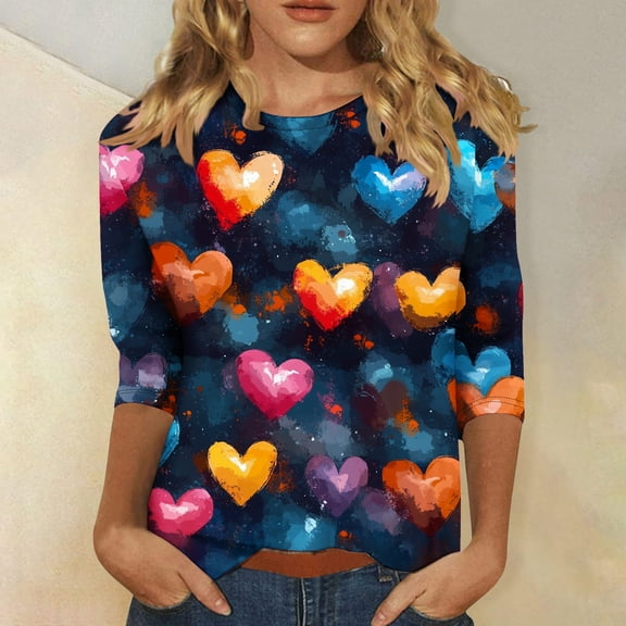 VKOYWKM Womens Heart Tops Valentine's T-Shirts 3/4 Sleeve Tops Valentines Day Graphic Tees Cute Tops Holiday T Shirts Casual Crew Neck Romantic Tshirts