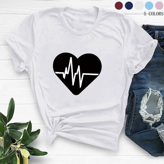VKOYWKM Womens Heart Tshirts Valentine T-Shirts Romantic Heart Graphic Tees Valentine Short Sleeve Tops Holiday Crew Neck Valentines Day Heart Shirts
