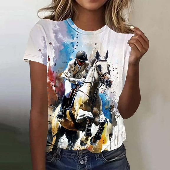 VKOYWKM Womens Horse Racing T Shirts Horse Graphic Tees Short Sleeve Loose Fit T-Shirts Summer Tops Crew Neck Casual Tshirt Shirts