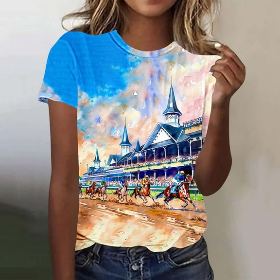 VKOYWKM Womens Horse Racing T Shirts Loose Fit Short Sleeve T-Shirts Trendy Horse Racing Print Crew Neck Casual Tops