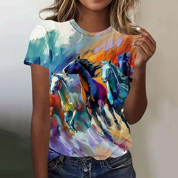 VKOYWKM Womens Horse Racing Tops Short Sleeve Summer T Shirts Crew Neck Loose Fit Tee Shirt Dressy Casual Horse Racing Clothes