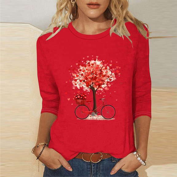 VKOYWKM Womens Love Heart T-Shirts Valentine's Shirts Heart Print Tees 3/4 Sleeve Tops Romantic Holiday Crew Neck Valentine Blouses