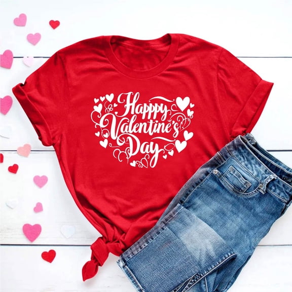 VKOYWKM Womens Love Heart T-Shirts Valentine's Shirts Love Heart Print Tees Short Sleeve Crew Neck Cute Tops Loose Fit Romantic Holiday T Shirts