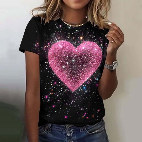 VKOYWKM Womens Love Heart T Shirts Valentines Day T-Shirts Cute Love Heart Graphic Tees Holiday Tops Short Sleeve Casual Spring Clothes Loose Fit Crew Neck Valentine Tees