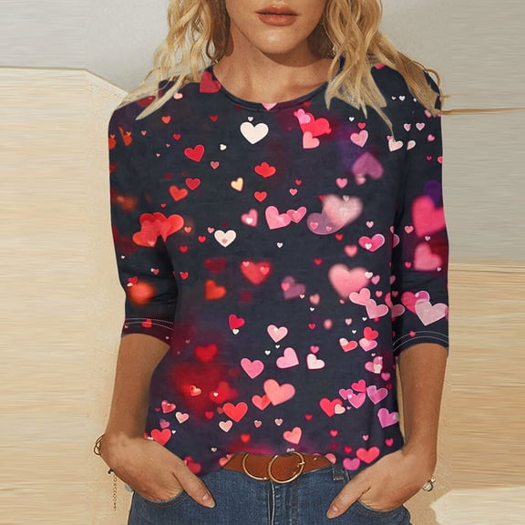 VKOYWKM Womens Love Heart T Shirts Valentines Day T-Shirts Heart Graphic Tees 3/4 Sleeve Loose Fit Spring T-Shirt Holiday Tops Romantic Crew Neck Valentine's Day Tshirts