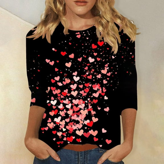 VKOYWKM Womens Love Heart Tops Valentines Day T-Shirts 3/4 Sleeve Tops Cute Love Graphic Tees Valentine Tops Holiday Crew Neck Valentines Day Heart Blouses