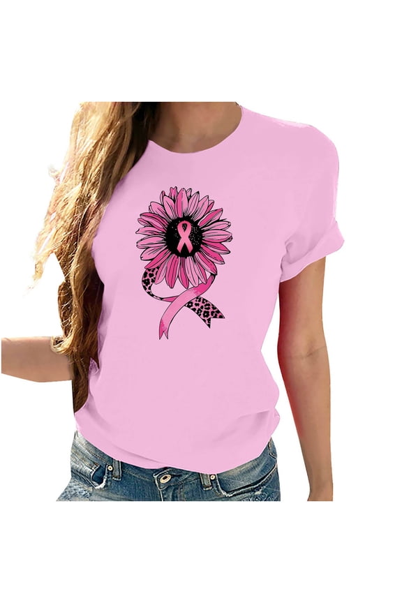 Womens Pink Ribbon T-Shirts Breast Cancer Breast Cancer Print T Shirts Short Sleeve Inspirational Tops Breast Cancer Crew Neck Tees