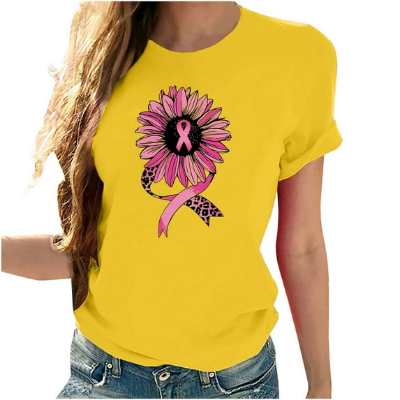 VKOYWKM Womens Pink Ribbon T-Shirts Breast Cancer Breast Cancer Print T Shirts Short Sleeve Inspirational Tops Breast Cancer Crew Neck Tees