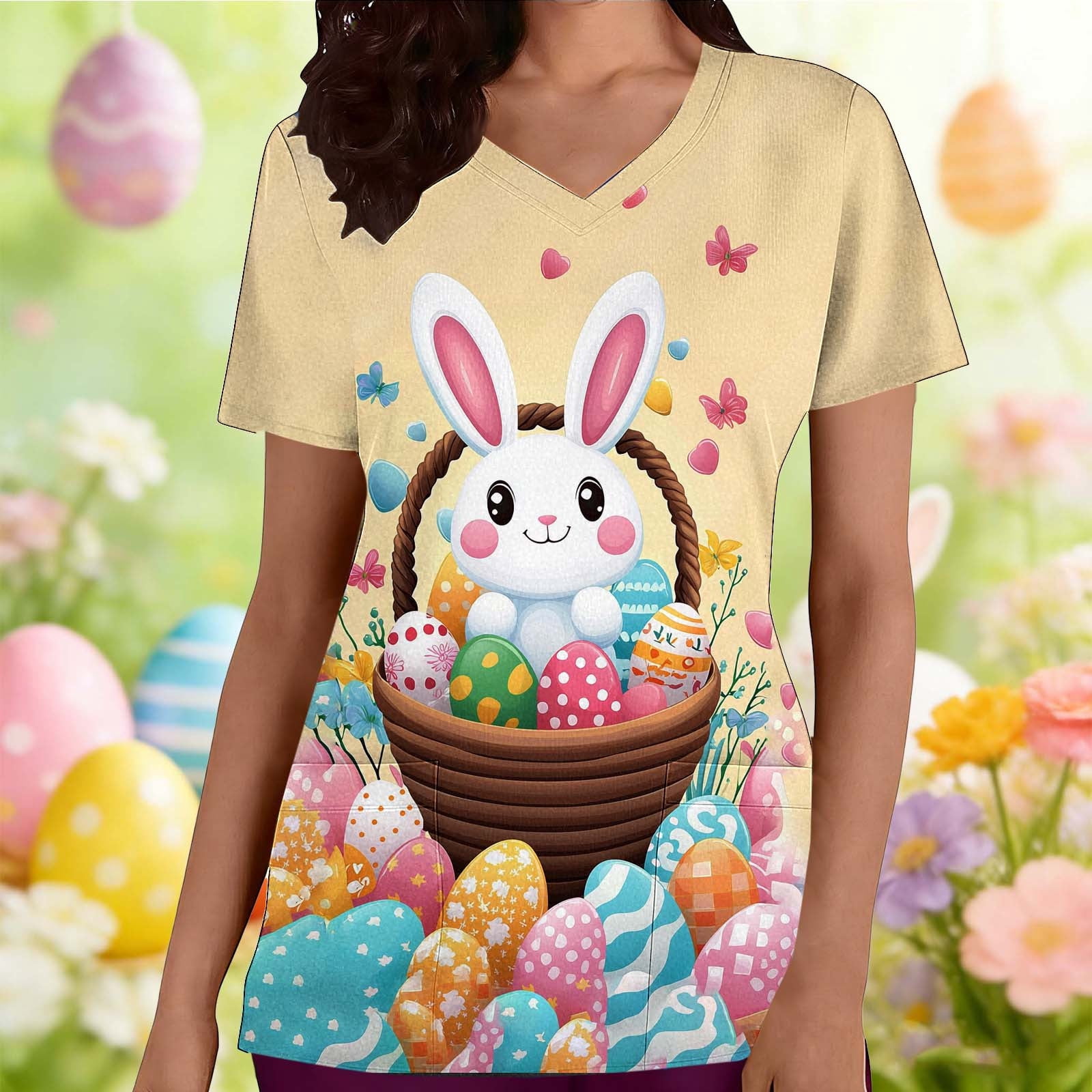 VKOYWKM Womens Scrub Tops Easter Eggs Bunny Rabbit Print Nurse Uniforms ...