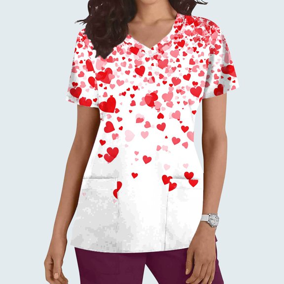 VKOYWKM Womens Scrub Tops Valentine's Day Shirts Cute Love Heart Print Working Uniform Short Sleeve Casual V Neck Nurse Uniforms Holiday Nurse Scrubs with Pockets