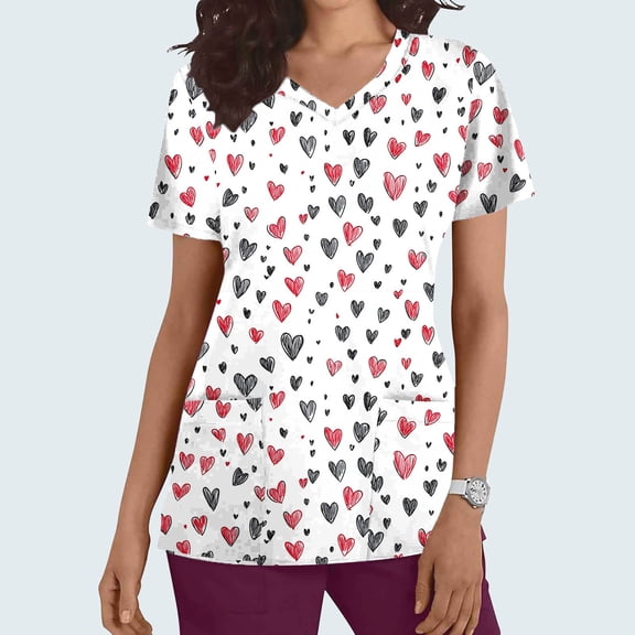 VKOYWKM Womens Scrub Tops Valentine's Day Shirts Cute Love Heart Print Working Uniform Short Sleeve Casual V Neck Nurse Uniforms Holiday Nurse Scrubs with Pockets