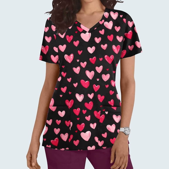 VKOYWKM Womens Scrub Tops Valentine's Day Shirts Cute Love Heart Print Working Uniform Short Sleeve Casual V Neck Nurse Uniforms Holiday Nurse Scrubs with Pockets