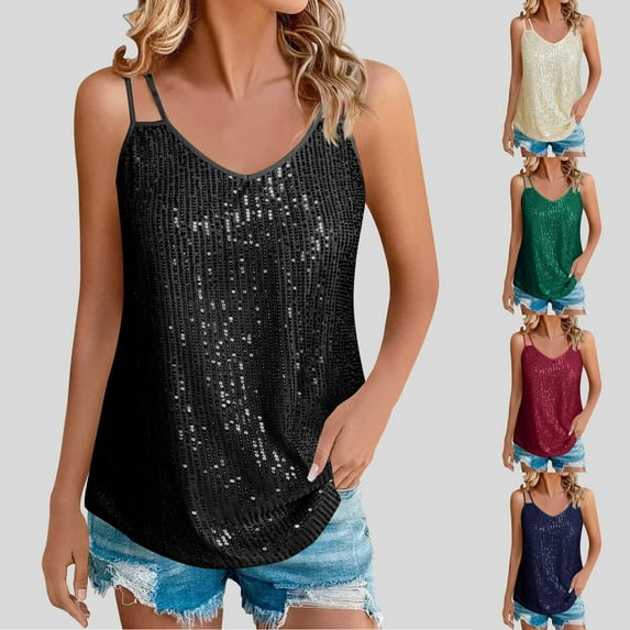 VKOYWKM Womens Sequin Cami Shirts Glitter V Neck Spaghetti Strap Camisole Tops Spring Summer Trendy Sparkly Sleeveless Top